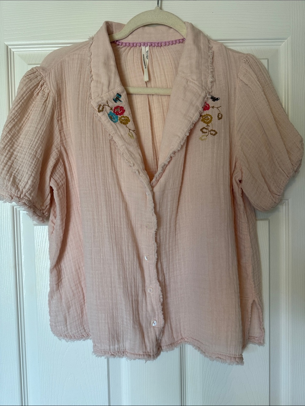 Light Blush Button-Front Women's Embroidered Lounge Top